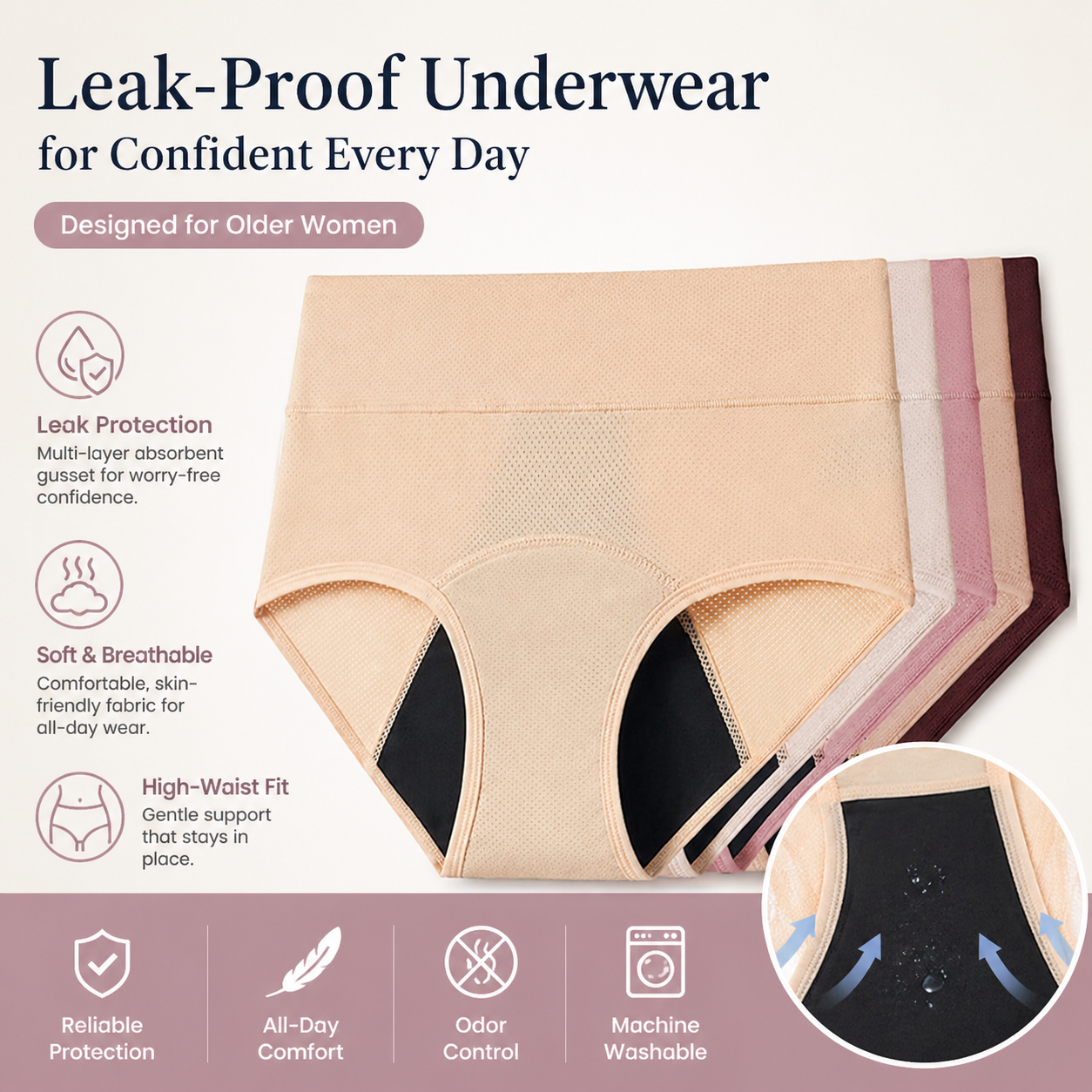 (5+1 pack of 6) Women's Washable and Reusable Incontinence Panties